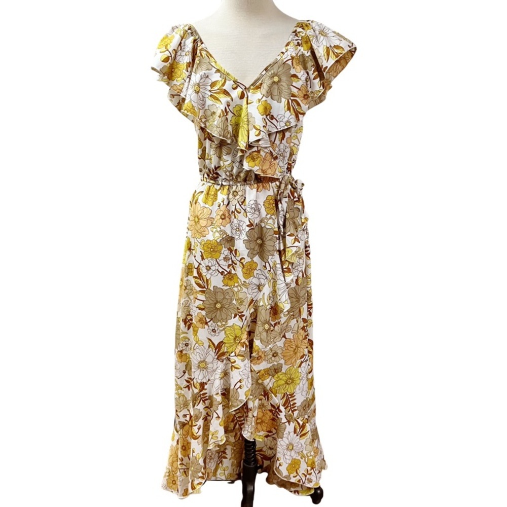 HINT OF BLUSH Tiered Floral Faux Wrap Maxi Dress SMALL Yellow Ruffle Romantic